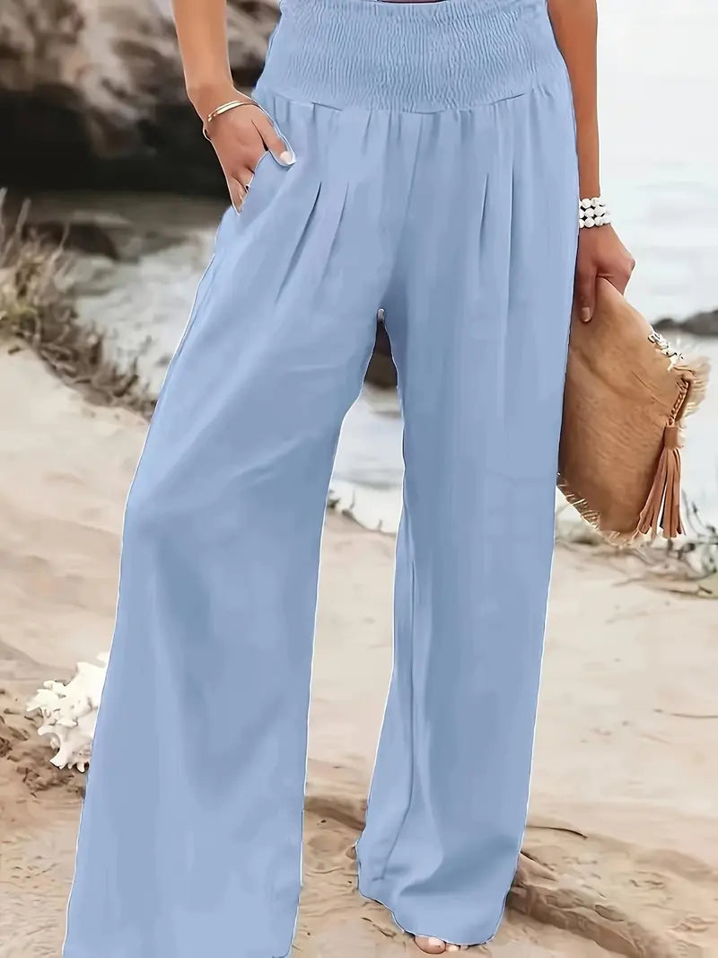 New Spring Summer European Style Women's Casual Comfy Baggy Fit Pants, Retro Vintage Wide Leg Long Pants, Elastic Waist, Solid Pattern, Natural Waist, Womenswear