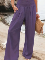 New Spring Summer European Style Women's Casual Comfy Baggy Fit Pants, Retro Vintage Wide Leg Long Pants, Elastic Waist, Solid Pattern, Natural Waist, Womenswear