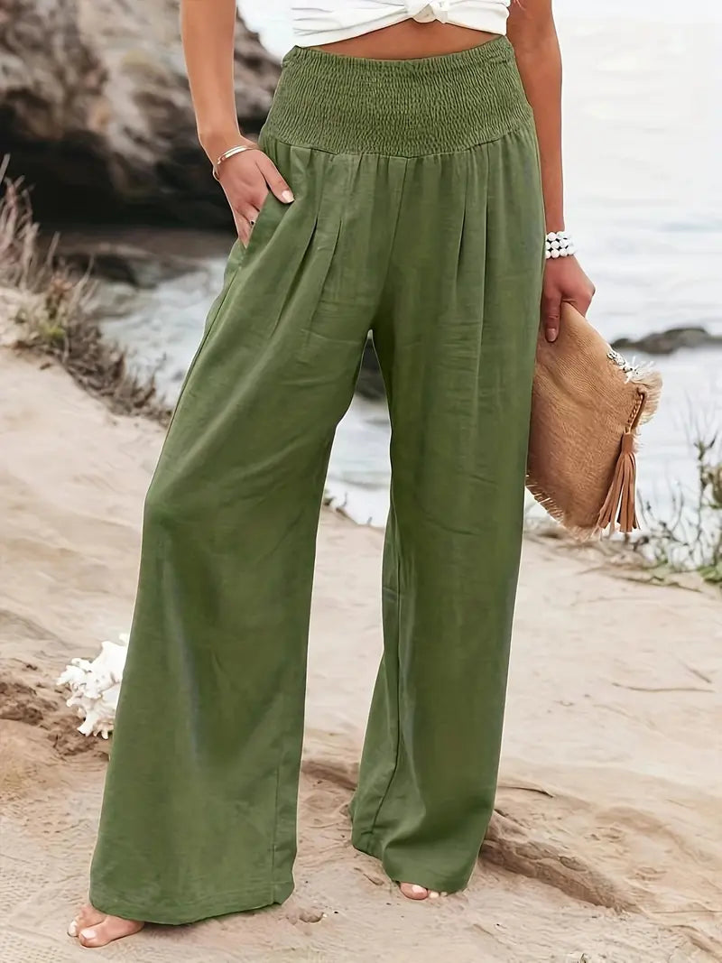 New Spring Summer European Style Women's Casual Comfy Baggy Fit Pants, Retro Vintage Wide Leg Long Pants, Elastic Waist, Solid Pattern, Natural Waist, Womenswear