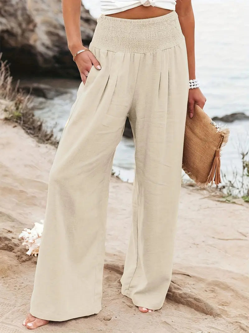 New Spring Summer European Style Women's Casual Comfy Baggy Fit Pants, Retro Vintage Wide Leg Long Pants, Elastic Waist, Solid Pattern, Natural Waist, Womenswear