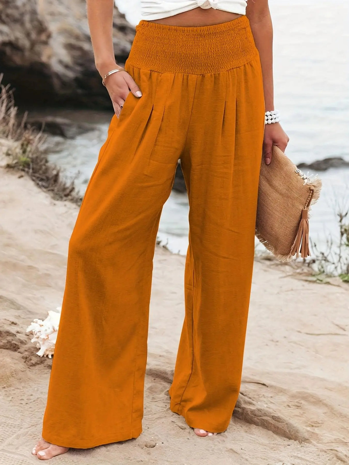 New Spring Summer European Style Women's Casual Comfy Baggy Fit Pants, Retro Vintage Wide Leg Long Pants, Elastic Waist, Solid Pattern, Natural Waist, Womenswear