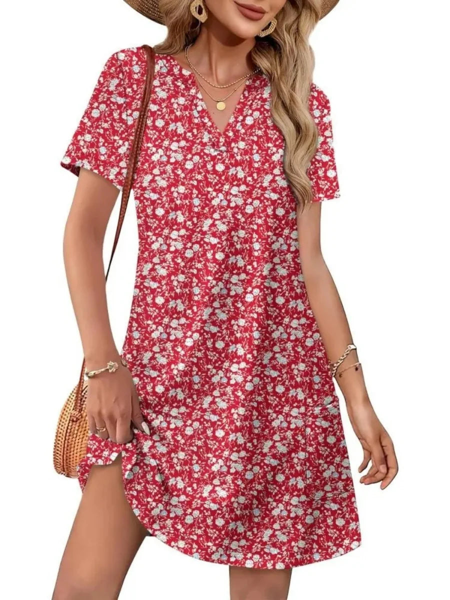 Women's Casual V Neck Vacation Midi Dress With Pockets