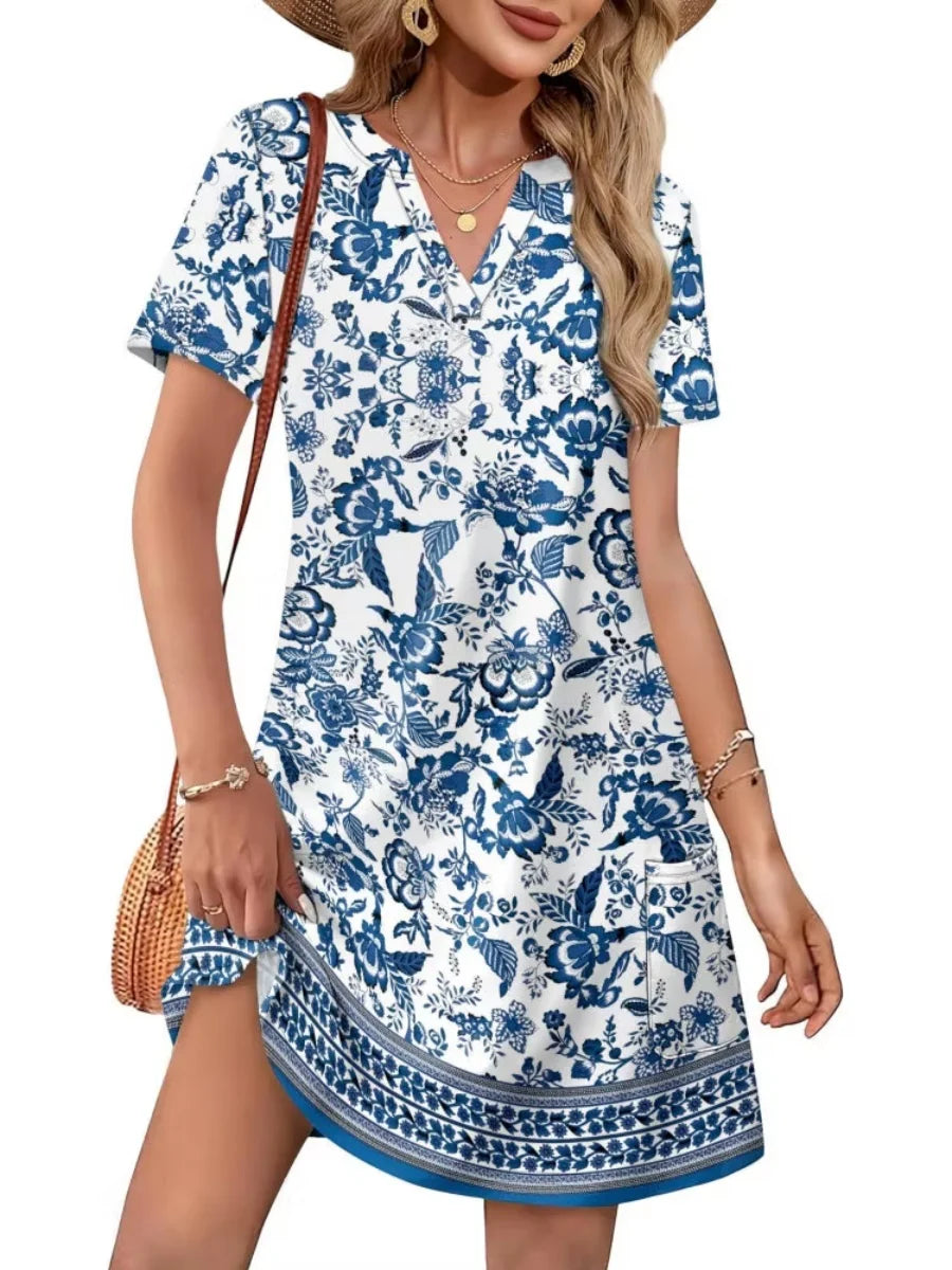 Women's Casual V Neck Vacation Midi Dress With Pockets
