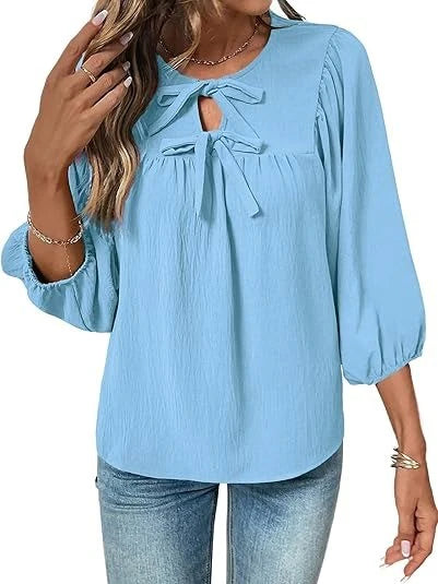Women's Bow Tie Neck Blouse with Balloon Sleeves
