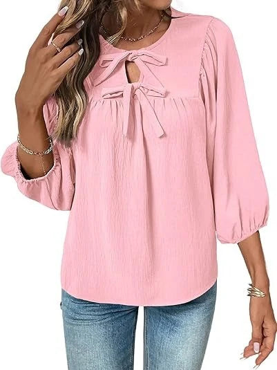 Women's Bow Tie Neck Blouse with Balloon Sleeves