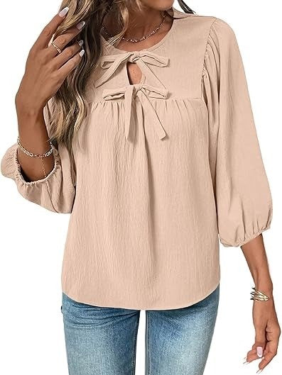 Women's Bow Tie Neck Blouse with Balloon Sleeves