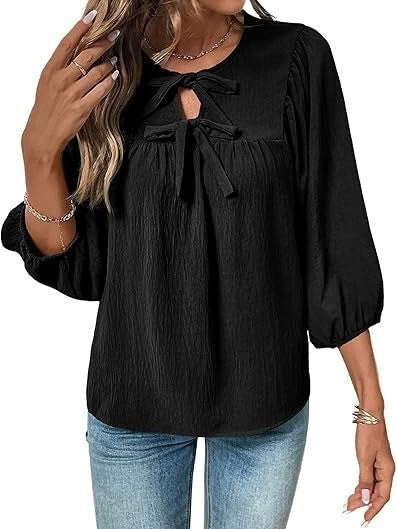 Women's Bow Tie Neck Blouse with Balloon Sleeves