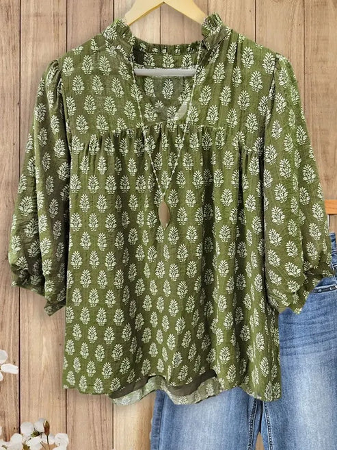 Women's V-Neck & Stand Collar Printed 3/4 Sleeve Blouse