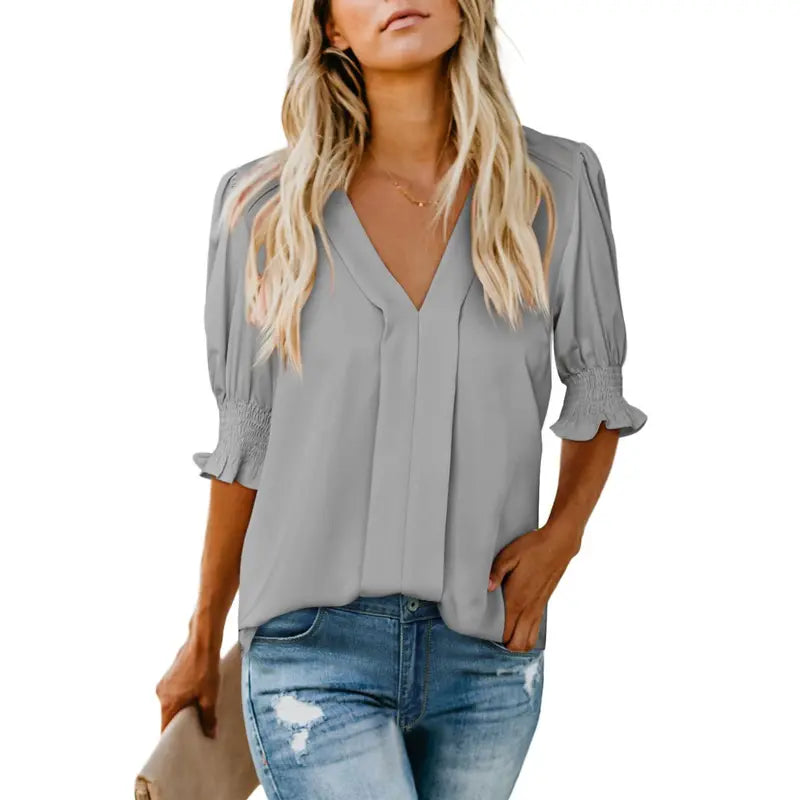 Women's V-Neck Ruffle Short Sleeve Blouse