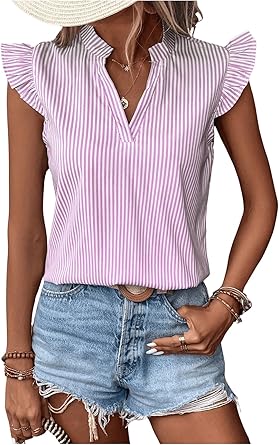 Floerns Women's Striped Cap Sleeve Top - Effortless V-Neck Style for a Polished Look