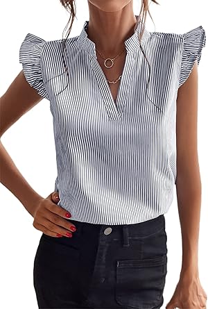 Floerns Women's Striped Cap Sleeve Top - Effortless V-Neck Style for a Polished Look