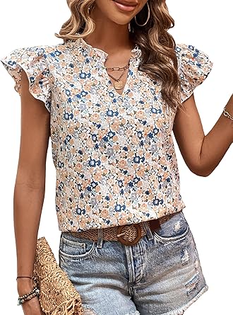 Floerns Women's Striped Cap Sleeve Top - Effortless V-Neck Style for a Polished Look