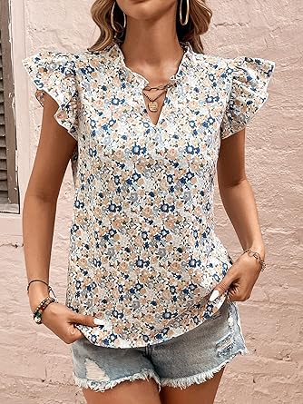 Floerns Women's Striped Cap Sleeve Top - Effortless V-Neck Style for a Polished Look