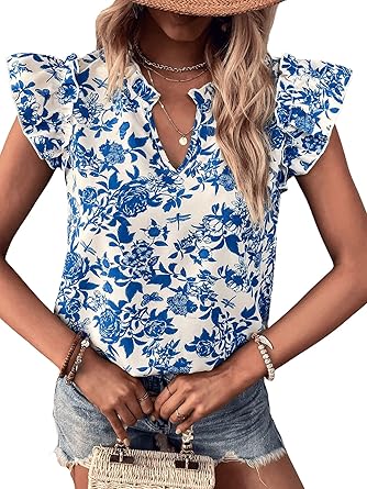 Floerns Women's Striped Cap Sleeve Top - Effortless V-Neck Style for a Polished Look
