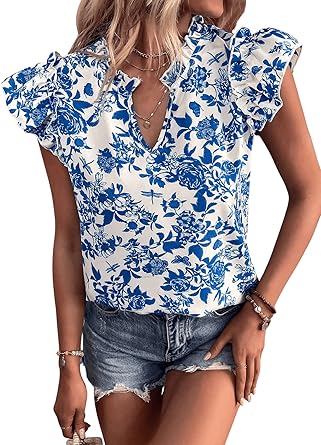 Floerns Women's Striped Cap Sleeve Top - Effortless V-Neck Style for a Polished Look