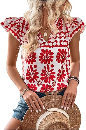 Floerns Women's Striped Cap Sleeve Top - Effortless V-Neck Style for a Polished Look