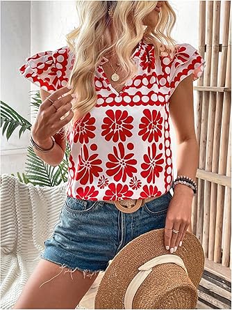 Floerns Women's Striped Cap Sleeve Top - Effortless V-Neck Style for a Polished Look