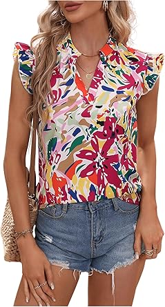 Floerns Women's Striped Cap Sleeve Top - Effortless V-Neck Style for a Polished Look