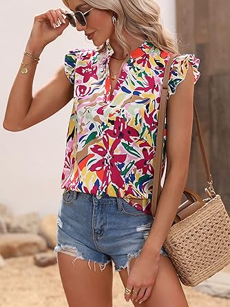 Floerns Women's Striped Cap Sleeve Top - Effortless V-Neck Style for a Polished Look