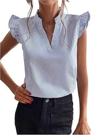 Floerns Women's Striped Cap Sleeve Top - Effortless V-Neck Style for a Polished Look
