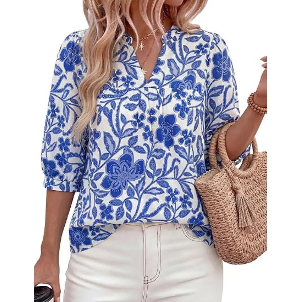 Women's Summer Floral Blouses Dressy Casual Half Sleeve V Neck Going Out Boho Tops Spring Fashion Clothing