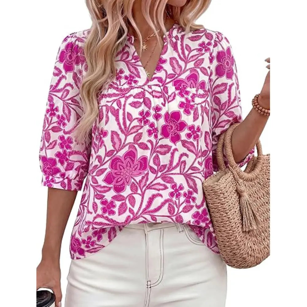 Women's Summer Floral Blouses Dressy Casual Half Sleeve V Neck Going Out Boho Tops Spring Fashion Clothing