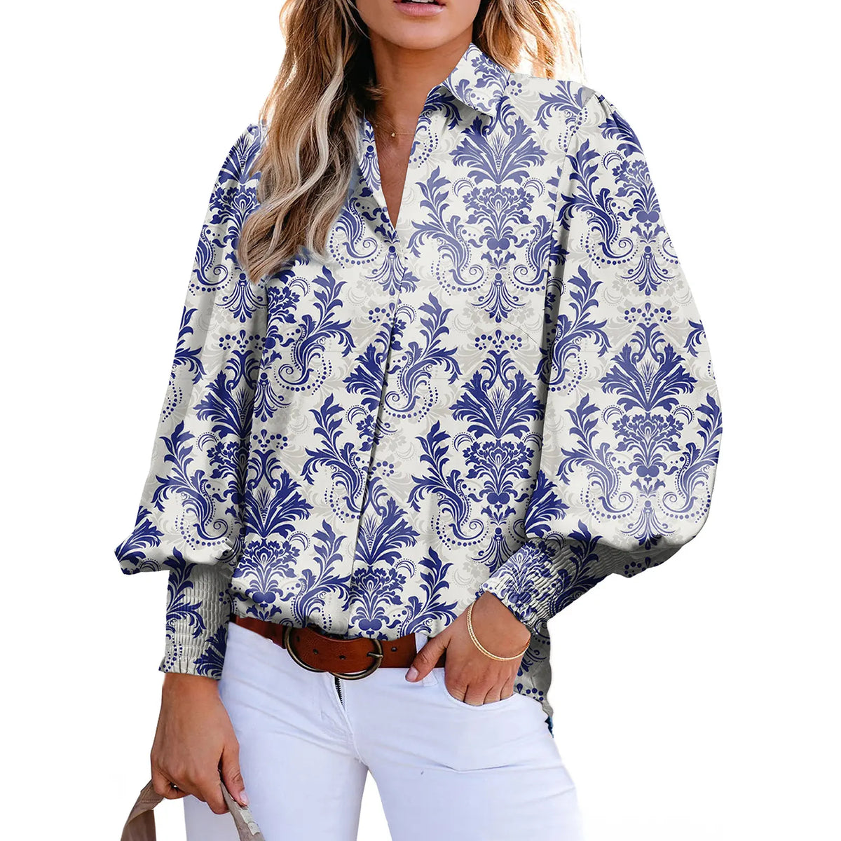 Casual Women Vintage Paisley Floral Print Lantern Long Sleeve Blouse