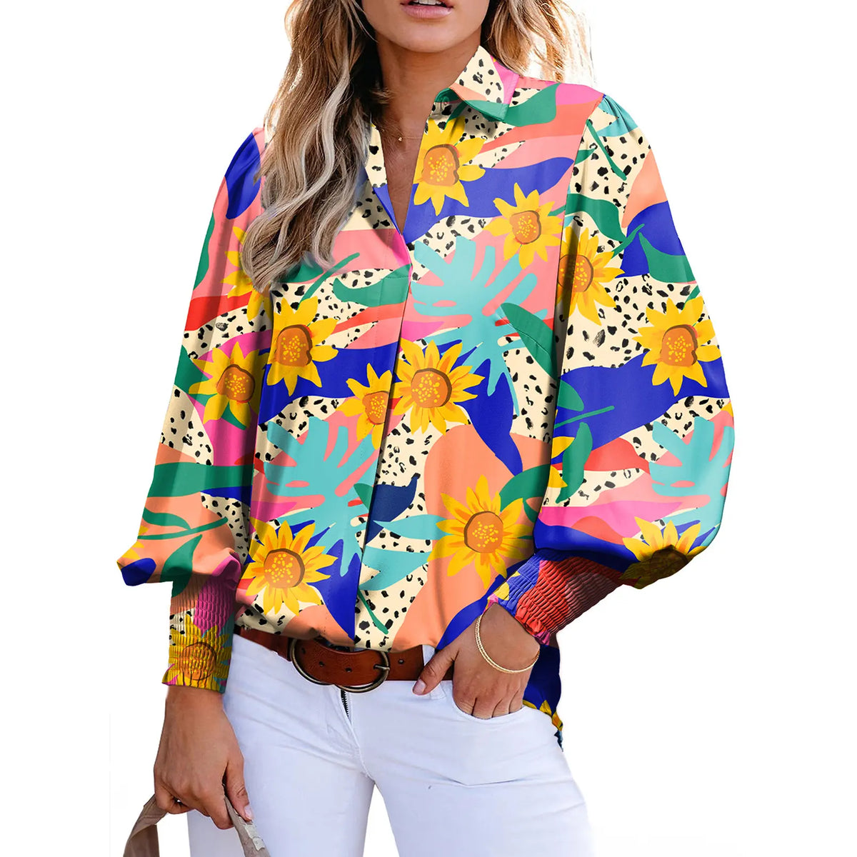 Casual Women Vintage Paisley Floral Print Lantern Long Sleeve Blouse