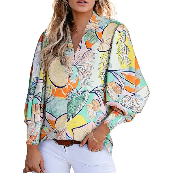 Casual Women Vintage Paisley Floral Print Lantern Long Sleeve Blouse