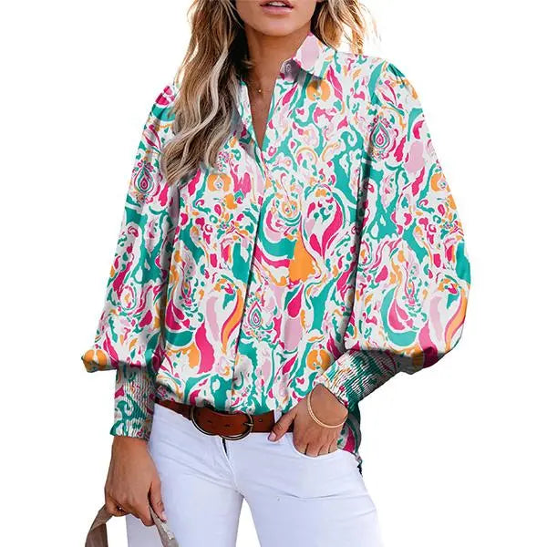 Casual Women Vintage Paisley Floral Print Lantern Long Sleeve Blouse