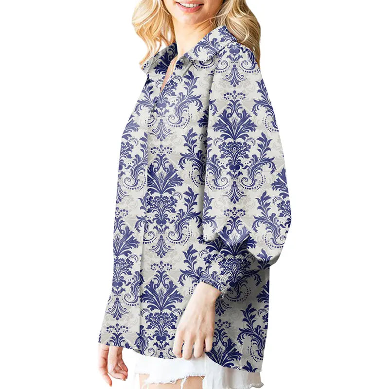 Casual Women Vintage Paisley Floral Print Lantern Long Sleeve Blouse
