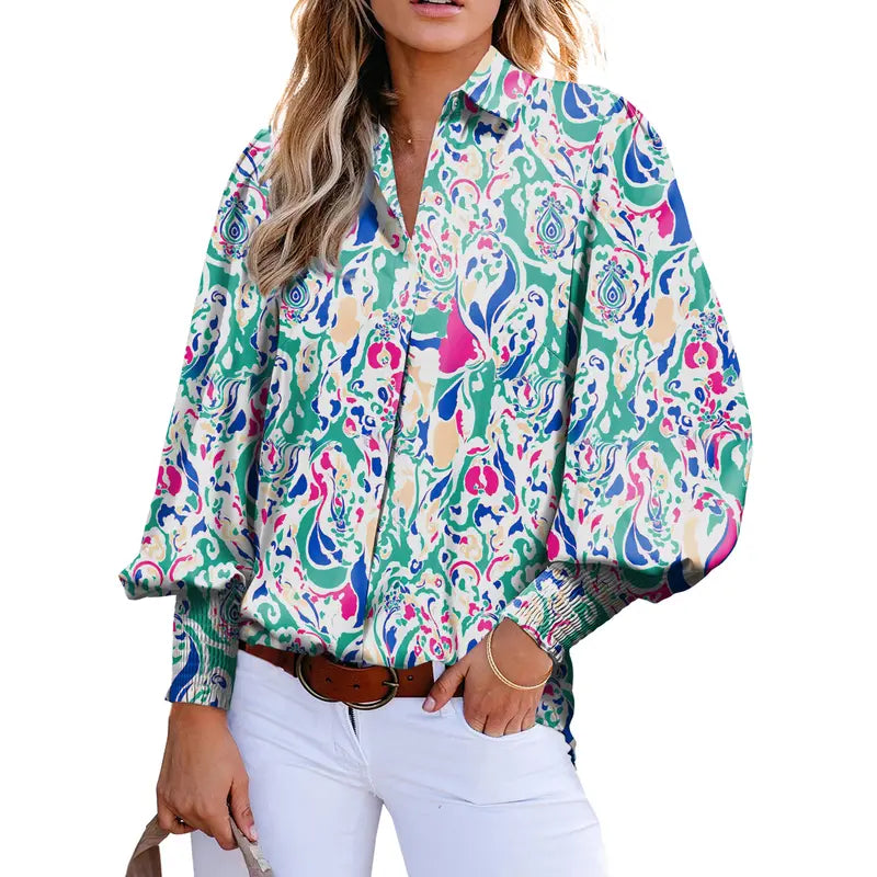 Casual Women Vintage Paisley Floral Print Lantern Long Sleeve Blouse