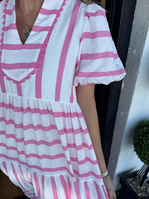Women's V-Neck Striped Patchwork Maxi Dress with Pockets