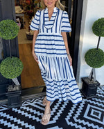 Women's V-Neck Striped Patchwork Maxi Dress with Pockets