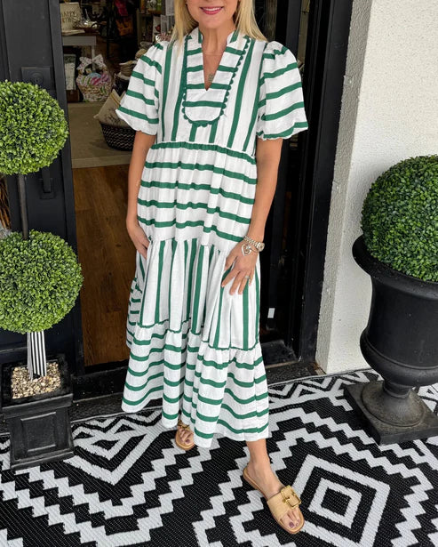 Women's V-Neck Striped Patchwork Maxi Dress with Pockets