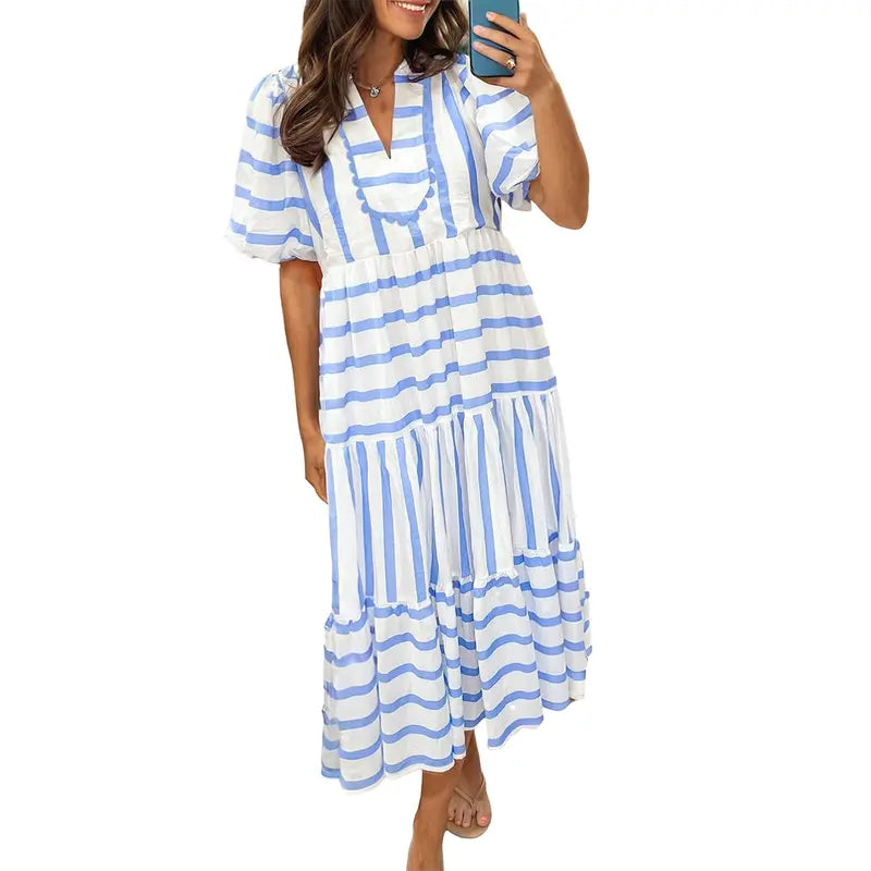 Women's V-Neck Striped Patchwork Maxi Dress with Pockets