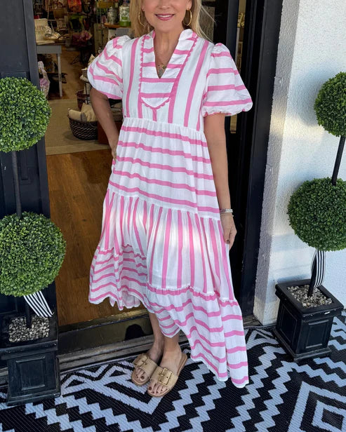Women's V-Neck Striped Patchwork Maxi Dress with Pockets