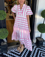 Women's V-Neck Striped Patchwork Maxi Dress with Pockets