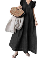 Women's Denim Flutter Sleeve V-Neck Casual Maxi Dress