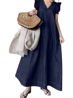 Women's Denim Flutter Sleeve V-Neck Casual Maxi Dress
