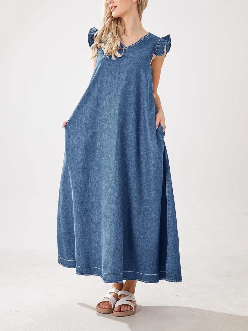 Women's Denim Flutter Sleeve V-Neck Casual Maxi Dress