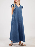 Women's Denim Flutter Sleeve V-Neck Casual Maxi Dress