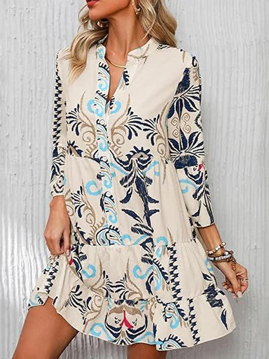 Boho Babydoll Dress with 3/4 Ruffle Print Sleeves