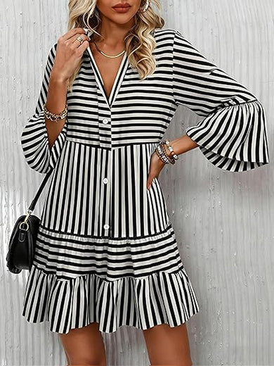 Boho Babydoll Dress with 3/4 Ruffle Print Sleeves