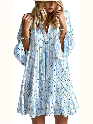 Boho Babydoll Dress with 3/4 Ruffle Print Sleeves