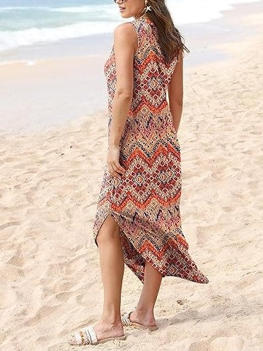 Women's Print Side Slit Loose Sleevelss Dress