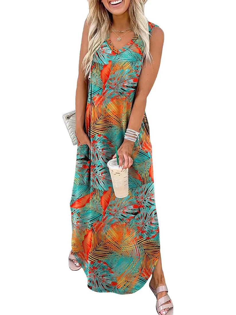 Women's Print Side Slit Loose Sleevelss Dress