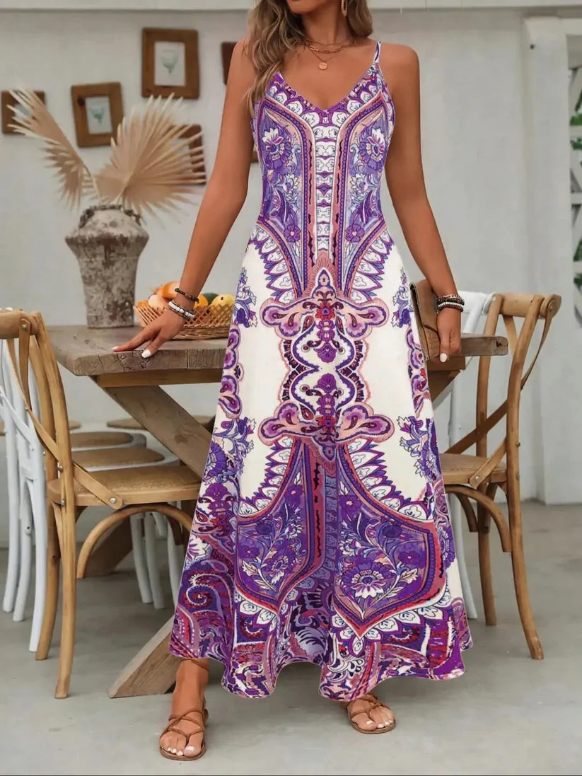 Retro Floral Printed Spaghetti Strap Maxi Dress