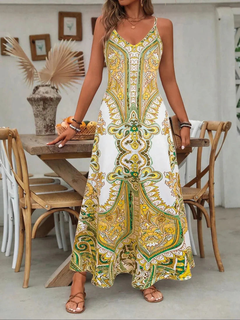 Retro Floral Printed Spaghetti Strap Maxi Dress