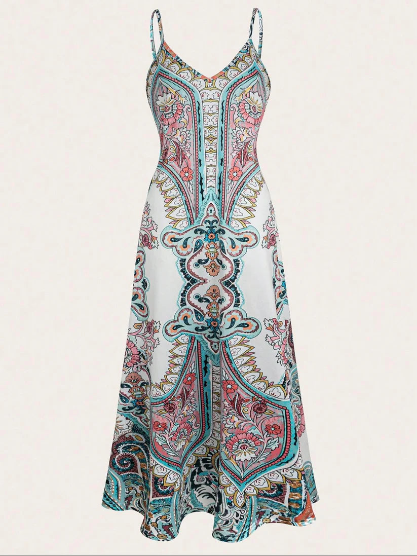 Retro Floral Printed Spaghetti Strap Maxi Dress